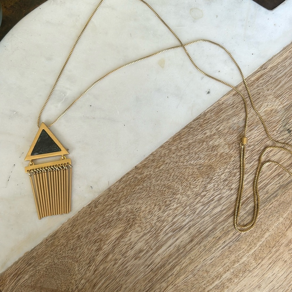 COPY - Madewell Boho necklace long brass matte gold tone triangle pendant vinta…